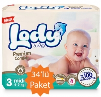 Lody Baby Lody Baby - 3 Numara (Midi) Bebek Bezi - 34'lü Paket (4-9 Kg arası bebekler için)